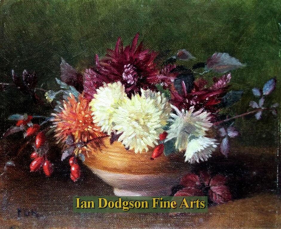 Modern British School - Chrysanthemums Oil on canvas board (c1930)